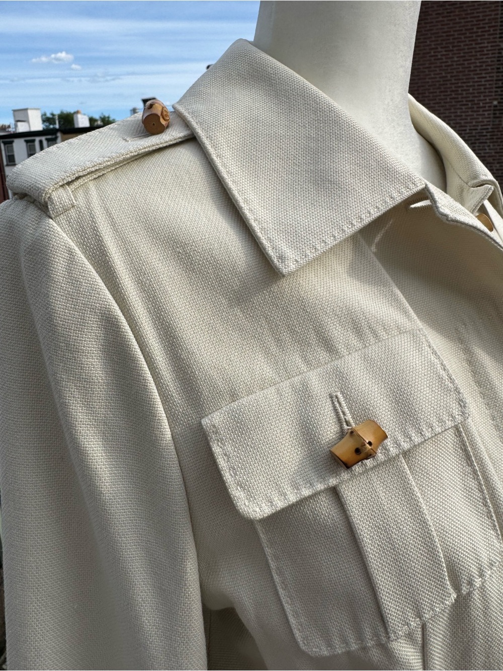 Cole Haan Women's Beige Utility Safari Jacket with bamboo carved buttons.